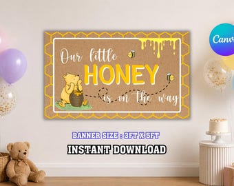Winnie Puuh-Baby-Dusche-Banner, druckbare Party Dekoration, Canva Vorlage, Baby-Dusche-Kulisse, digitaler Download