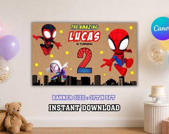 Spidey Friends Geburtstag Banner Vorlage, Spinne Party Dekor, DIY Painted Style, Party Banner, Spidey Canva Decor Hintergrund (Digitaler Download)