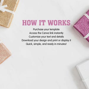 May include: Four square gift boxes in gold, pink, rose gold, and white, each wrapped with a white ribbon. The text reads: HOW IT WORKS. Purchase your template. Access the Canva link instantly. Customise your text and details. Download your design and print or display it. Quick, simple, and ready in minutes!