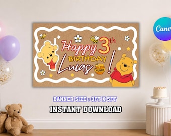 Winnie the Pooh Birthday Banner | Hunny Pot Theme (Digital File, Canva Template)