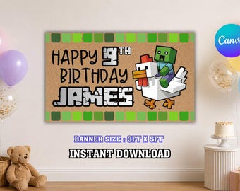 Minecraft Geburtstag Banner Vorlage, Kinder Party Dekor, druckbare Geburtstag Kulisse, Canva Vorlage, digitaler Download