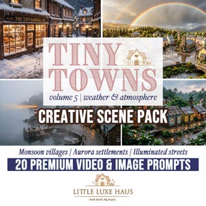 May include: A promotional image for a creative scene pack titled "Tiny Towns, Volume 5: Weather & Atmosphere." The image features miniature town scenes with text overlays, including "The Tiny Bakery" and "20 Premium Video & Image Prompts."