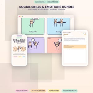 Könnte beinhalten: Ein digitales Paket mit dem Titel Social Skills & Emotions Bundle for ADHD & Autistic Kids, das ausfüllbare und druckbare Lernkarten und soziale Geschichten enthält. Die Anzeige zeigt farbige Felder mit Strichmännchen-Illustrationen und Textbeschriftungen.