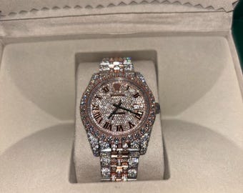 Moissanite bustdown hip-hop rose gold watch