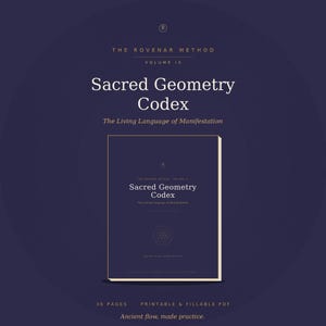 Può includere: Un libro digitale blu scuro intitolato The Rovenar Method Volume IX Sacred Geometry Codex The Living Language of Manifestation. La copertina presenta un simbolo geometrico, 36 pagine, ed è un documento PDF stampabile e compilabile.
