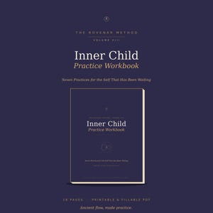 May include: A dark purple practice workbook titled The Rovenar Method Volume XIII Inner Child Practice Workbook. The cover features white and gold text, a small circular icon, and the subtitle Seven Practices for the Self That Has Been Waiting.