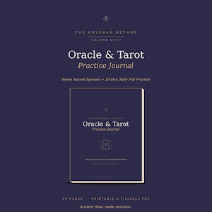 Puede incluir: Un diario de práctica de Oracle & Tarot, volumen XVIII, de The Rovenar Method, en color morado oscuro. La portada incluye texto en blanco y dorado, como Seven Sacred Spreads + 30-Day Daily Pull Practice. Es un PDF imprimible de 29 páginas.