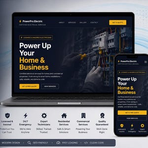 Op de afbeelding: Website-ontwerp voor PowerPro Electric, weergegeven op een laptop en smartphone. Het ontwerp maakt gebruik van een donkerblauw en geel kleurenschema, met de tekst "Power Up Your Home & Business".