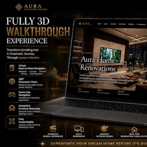 May include: A laptop and a smartphone displaying the Aura Interior Design website, featuring the text Fully 3D Walkthrough Experience, Aura Home Renovations, and Experience Your Dream Home Before It's Built, with gold icons and dark background.