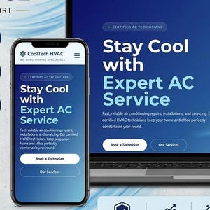 May include: A promotional image for CoolTech HVAC, showcasing their HVAC service. The image features a laptop and smartphone displaying a website with the text "Stay Cool with Expert AC Service." Additional text highlights features like built-in editor and responsive design.