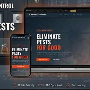 May include: Digital advert for Safeguard Pest Control, showing a laptop and smartphone displaying a website with the text "Eliminate Pests For Good." The design includes icons, a dark colour scheme, and the tagline "Certified Pest Elimination."