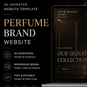 May include: A 3D animated website template for a perfume brand displayed on a laptop and smartphone screen. The interface features a dark color palette with gold text, showcasing a glass perfume bottle on a marble base and navigation menus.