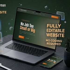 Op de afbeelding: Een laptop en smartphone tonen een website-sjabloon met de tekst "No Job Too Small or Big". De afbeelding promoot een premium website-sjabloon met functies zoals volledige bewerkbaarheid, mobiele responsiviteit en eenvoudige aanpassing. Gereedschappen zoals een hamer en een moersleutel staan op de voorgrond.