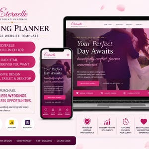 May include: A website template for wedding planners, displayed on a laptop and smartphone. The design features a pink and white color scheme with the text "Your Perfect Day Awaits." The template is fully editable and responsive.