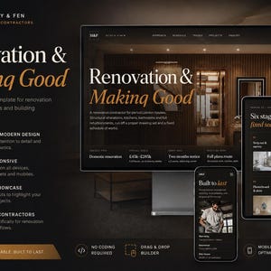 Könnte beinhalten: Eine Website-Vorlage für Renovierungsunternehmen mit dem Titel Renovation & Making Good, dargestellt auf einem Desktop-Monitor, Tablet und Smartphone. Die dunkle Benutzeroberfläche bietet goldenen Text, Projektlayouts und einen Drag-and-Drop-Builder.