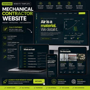 May include: A digital website template for mechanical contractors featuring a dark theme with lime green accents. The layout displays a desktop monitor, a laptop, and a smartphone showing web pages with text, charts, and project images for HVAC services.