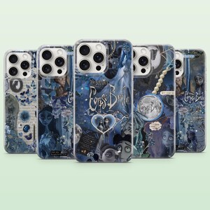 May include: A collection of five smartphone cases featuring blue-toned collage graphics from the film Corpse Bride. Each case displays various character illustrations, butterflies, and the movie title text in a stylized font against a dark background.