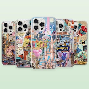 Könnte beinhalten: Fünf Smartphone-Hüllen mit einer Collage aus Disneyland-Motiven, darunter das Schloss, das Riesenrad, Tinker Bell und Mickey-Mouse-Symbole. Die Designs enthalten verschiedene Parkschilder, rosa Zuckerwatte und farbenfrohe Szenen aus dem Freizeitpark.