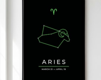 Aries Print, Zodiac Constellation Wall Art, Dark Astrology Poster, Aries Star Sign Gift, Celestial Birthday Decor