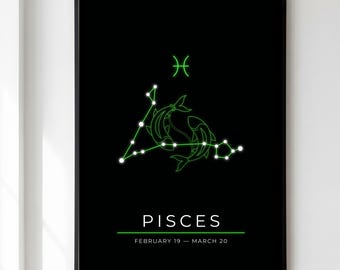 Pisces Print, Zodiac Constellation Wall Art, Dark Astrology Poster, Pisces Star Sign Gift, Celestial Birthday Decor