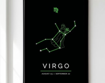 Virgo Print, Zodiac Constellation Wall Art, Dark Astrology Poster, Virgo Star Sign Gift, Celestial Birthday Decor