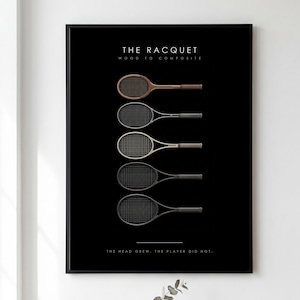 Peut inclure: Une affiche murale encadrée en noir présentant cinq raquettes de tennis disposées verticalement, passant d'un cadre en bois à des matériaux composites modernes. Le texte indique THE RACQUET WOOD TO COMPOSITE et THE HEAD GREW. THE PLAYER DID NOT.