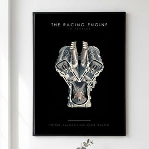 Puede incluir: Una lámina enmarcada con una ilustración técnica en sección transversal de un motor de carreras en V sobre fondo negro. El texto dice THE RACING ENGINE IN SECTION y PISTONS, CAMSHAFTS AND INTAKE TRUMPETS en letras blancas.