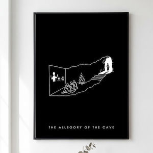 Peut inclure: Une affiche murale encadrée noire avec un dessin au trait blanc représentant l'allégorie de la caverne. L'illustration montre des personnages assis près d'un feu projetant des ombres sur un mur, avec une personne à l'entrée. Texte : THE ALLEGORY OF THE CAVE.