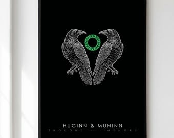 Odins Ravens Print, Norse Mythology Wall Art, Huginn Muninn Poster, Viking Decor, Thought Memory Raven Gift