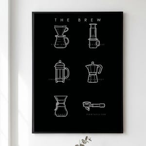 May include: A black rectangular wall art print titled THE BREW featuring white line drawings of six coffee brewing methods: pour over, aeropress, french press, moka pot, chemex, and portafilter, all arranged in a grid within a thin black frame.