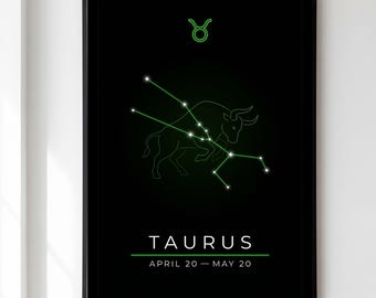 Taurus Print, Zodiac Constellation Wall Art, Dark Astrology Poster, Taurus Star Sign Gift, Celestial Birthday Decor