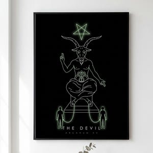 May include: A framed black wall art print featuring a white line drawing of a horned goat figure seated on a pedestal, with a glowing green pentagram above, two chained human figures below, and the text THE DEVIL ARCANUM XV printed at the bottom.