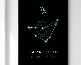 Capricorn Print, Zodiac Constellation Wall Art, Dark Astrology Poster, Capricorn Star Sign Gift, Celestial Decor