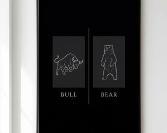 Bull and Bear Print, Dark Stock Market Wall Art, Finance Poster, Trading Office Decor, Investor Trader Gift