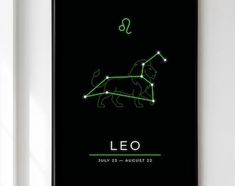 Leo Print, Zodiac Constellation Wall Art, Dark Astrology Poster, Leo Star Sign Gift, Celestial Birthday Decor