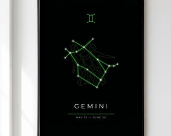 Gemini Print, Zodiac Constellation Wall Art, Dark Astrology Poster, Gemini Star Sign Gift, Celestial Birthday Decor