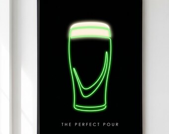 Stout Poster | Neon Pint Print | Dark Minimal Bar Wall Art | Irish Pub Decor | Beer Lover Gift | Man Cave Home Bar Art