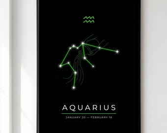 Aquarius Print, Zodiac Constellation Wall Art, Dark Astrology Poster, Aquarius Star Sign Gift, Celestial Birthday Decor