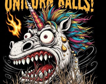 May include: A graphic illustration on a black background featuring a wide-eyed, aggressive white unicorn with a multicolored mane, a spiraled horn, and sharp teeth. The text GARGLE MY UNICORN BALLS! appears in yellow, dripping letters above.