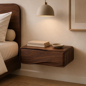 May include: A floating wall-mounted nightstand crafted from dark walnut wood with a curved, horizontal drawer front. The nightstand features a smooth, rounded rectangular silhouette and holds two stacked beige books and a small ceramic bowl.