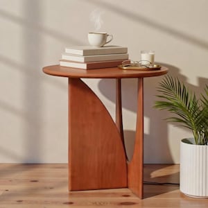 May include: A round, reddish-brown wooden side table with a unique curved leg design. A stack of books, a cup of coffee, and a small tray with a candle and glasses sit on top. A potted plant is to the right.