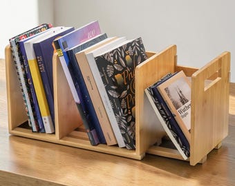 Bamboo Desktop Bookshelf | Expandable Desktop Organizer | Small Display Shelf for Desk | Adjustable Book Storage Rack