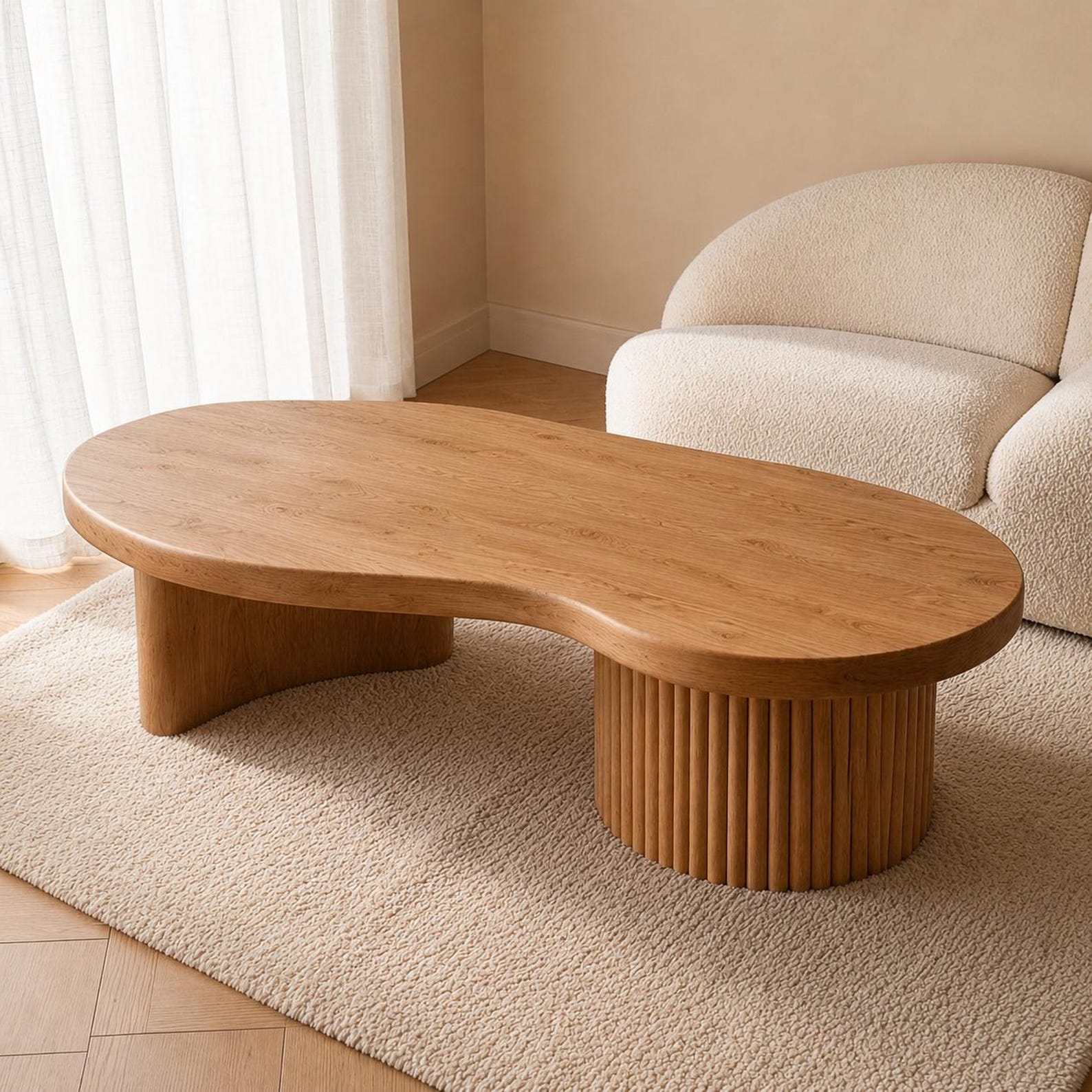 Organic fluted oval Japandi coffee table sculptural pedestal base