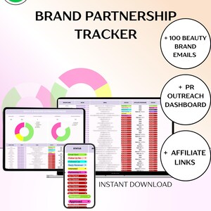 May include: A digital marketing template for brand partnerships, displayed on a computer screen, tablet, and smartphone. The design includes charts, data tables, and the text "BRAND PARTNERSHIP TRACKER." Additional text includes "+ 100 BEAUTY BRAND EMAILS," "+ PR OUTREACH DASHBOARD," and "+ AFFILIATE LINKS."
