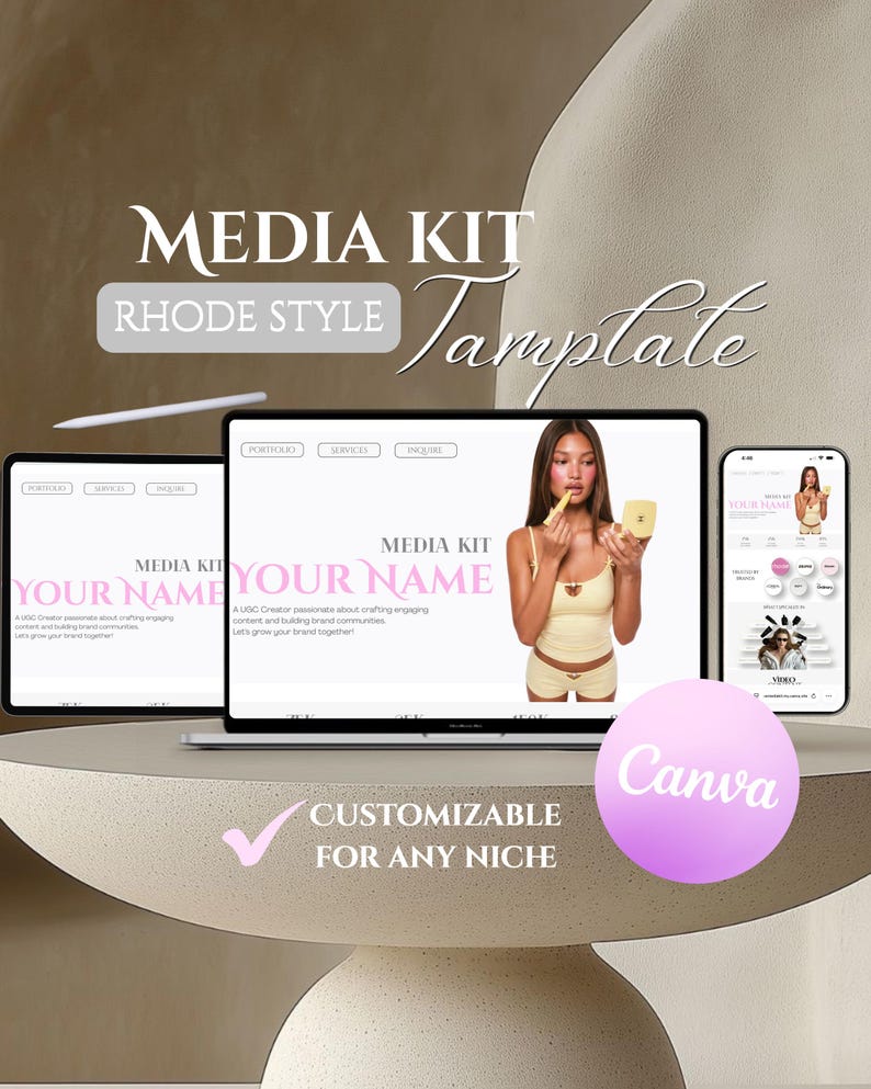 May include: A digital media kit template with the text "MEDIA KIT" and "RHODE STYLE". The design is displayed on a laptop, tablet, and smartphone. The word "Canva" is in a pink circle, and the text "CUSTOMIZABLE FOR ANY NICHE" is also present.
