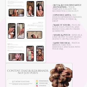 May include: A promotional graphic with the text "Featured Project" and "Content That Builds Brands, Not Just Posts." The image includes screenshots of a phone displaying skincare ads, contact information, and a woman's hair being styled with rollers.