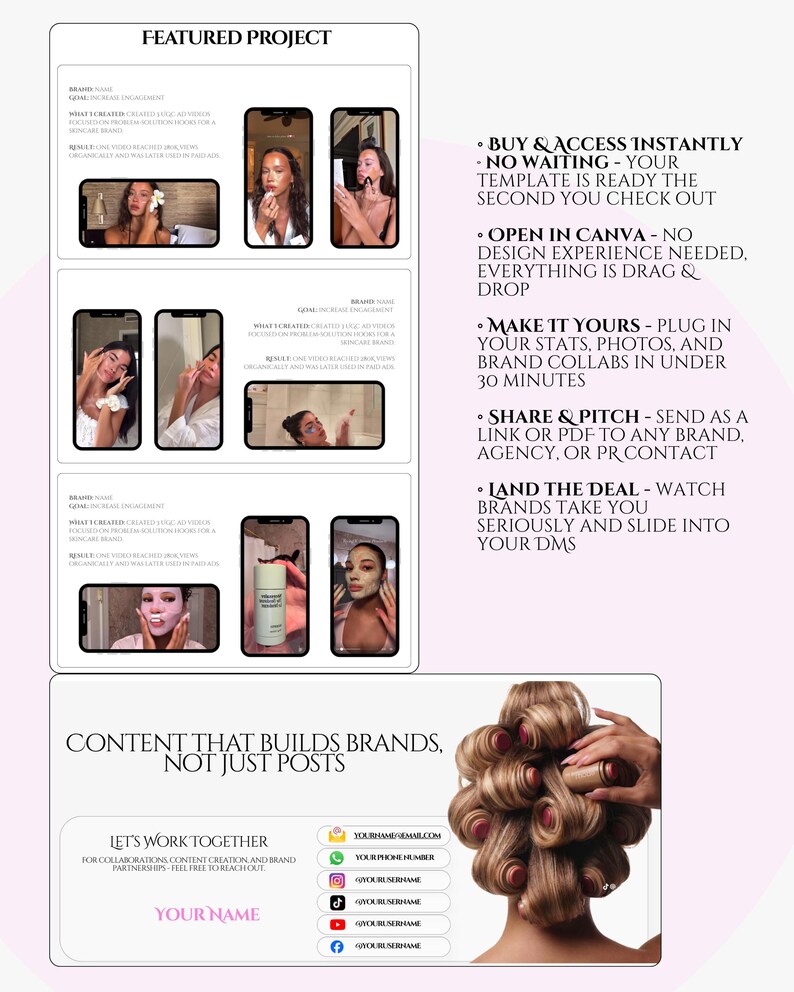 May include: A promotional graphic with the text "Featured Project" and "Content That Builds Brands, Not Just Posts." The image includes screenshots of a phone displaying skincare ads, contact information, and a woman's hair being styled with rollers.