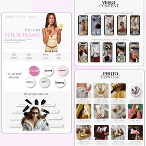 May include: A media kit layout with the text "YOUR NAME" in pink. The kit includes examples of video and photo content, showcasing social media concepts and personal lifestyle imagery. Trusted brands like Rhode, Skims, and Glossier are featured.