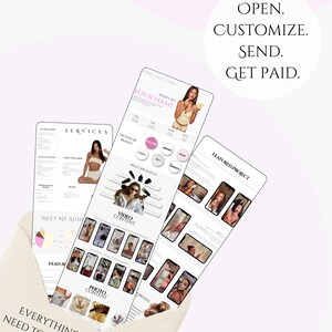 May include: An open envelope with three digital media kit pages. The pages display content examples, services, and featured projects. Text includes "Open. Customize. Send. Get Paid." and "Everything you need to get booked, in one link."