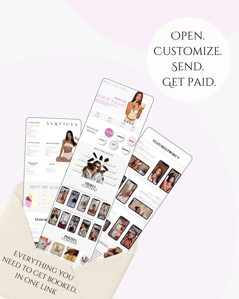 May include: An open envelope with three digital media kit pages. The pages display content examples, services, and featured projects. Text includes "Open. Customize. Send. Get Paid." and "Everything you need to get booked, in one link."